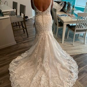 Wedding dress, cathedral veil, and ceremony skirt.